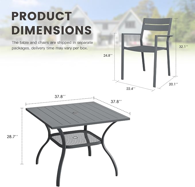 Patio Dining Set for 4, 37.8" Outdoor Dining Table and Chairs Set with Stackable Patio Chairs Outdoor Furniture for Garden Deck Backyard, Dark Grey Table and Grey Chairs