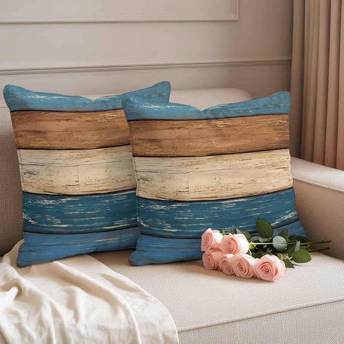 Farmhouse Navy Blue Brown Outdoor Waterproof Pillow Covers, Vintage Wooden Striped Decorative Square Throw Pillowcase Sofa Cushion Sham for Patio/Couch/Chair, 24"x24" 2 Pack