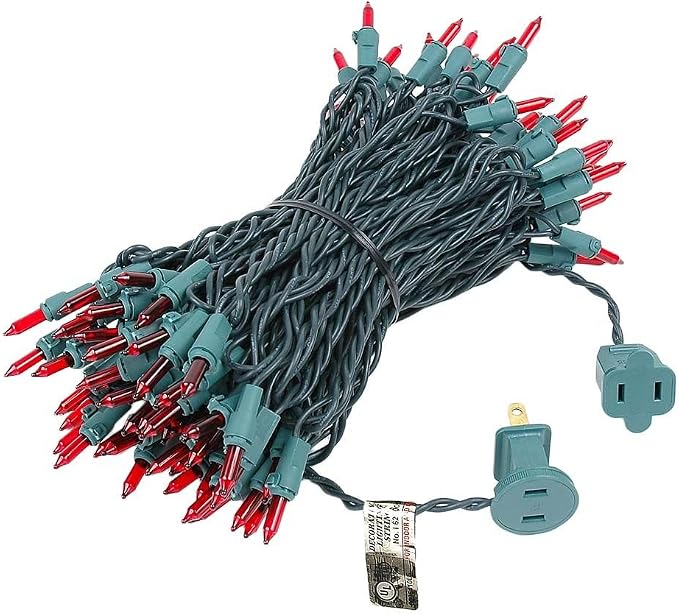 Novelty Lights 50 Feet 100 Bulbs Red on Green Wire Incandescent Mini Lights