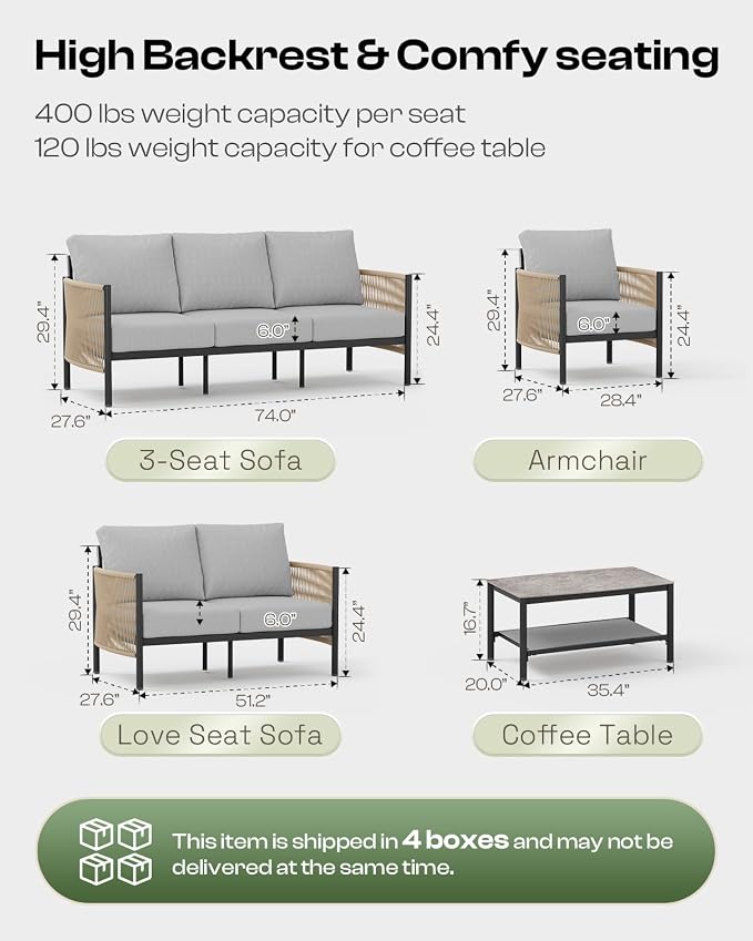 Aluminum Outdoor Patio Furniture Set with Dual-Layer Coffee Table, 5 Piece Modern Patio Conversation Sets with PE Rope, Outdoor Sectional Sofa with Thick Cushions for Balcony, Yard, Gray