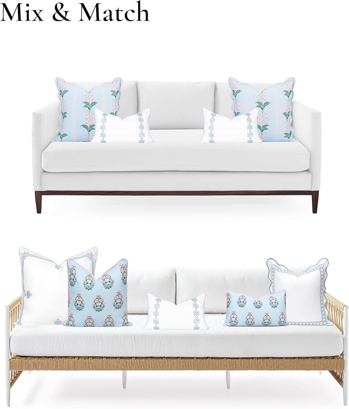 Hofdeco Premium Grandmillennial Patio Indoor Outdoor Lumbar Pillow Cover Only, 12"x20" Water Repellent for Backyard, Couch, Poolside, Baby Blue Embroidered Chinoise Lucky Knots