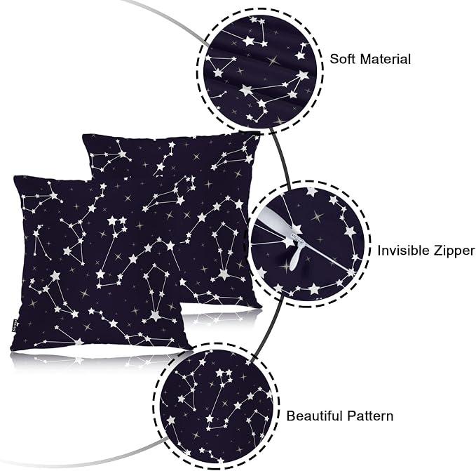 Swono Stars Constellations Pillowcase Cushion Cover, Cosmos Galaxy Space Stars Decorative Throw Pillows Covers Outdoor Pillow Case for Home Office Dorm Sofa Picnic Car 18" X 18", 2 Pack
