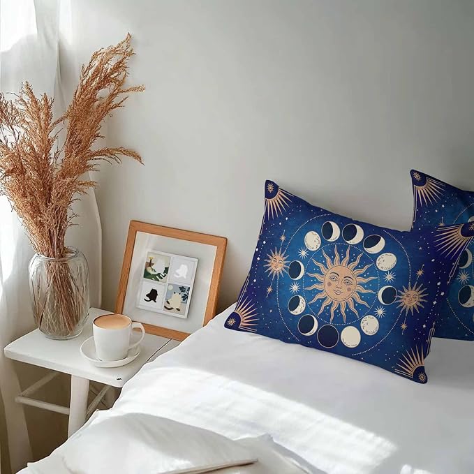 Celestial Sun and Moon Waterproof Outdoor Pillow Covers Set of 2 Home Decor, Blue Starry Galaxy Boho Lumbar Pillowcase Patio Pillow Covers for Couch Bench Patio Furniture Garden 20x12in