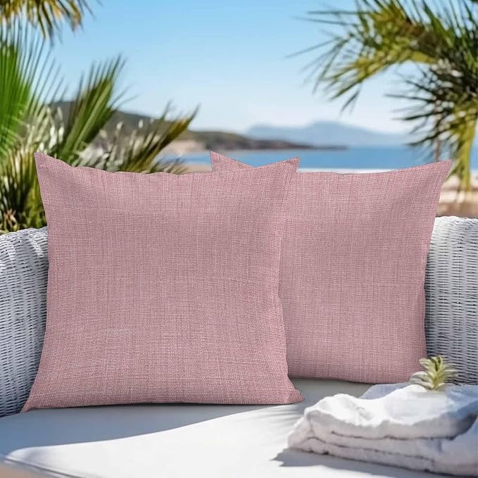 Vandarllin Outdoor Throw Pillows Covers 20x20 inch Set of 2 Waterproof Pink Linen Decorative Zippered Cushion Covers for Patio Furniture, Farmhouse Pure Color Lumbar Pillowcases