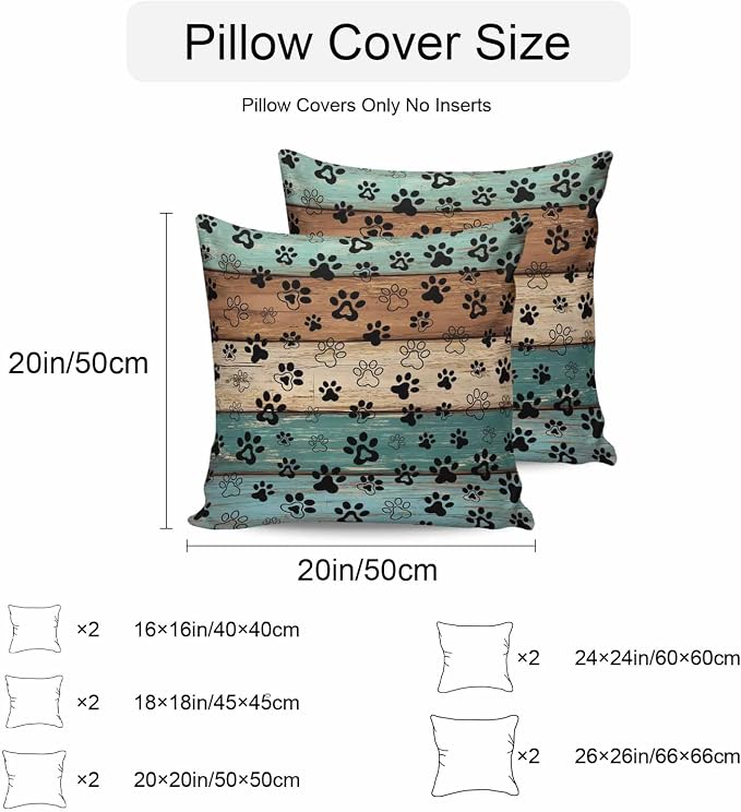 Outdoor Waterproof Throw Pillow Covers Set of 2 Dog Paw Pillowcases 16x16 Inches Pets Print Teal Brown Wood Grain Decorative Pillows Cushion Case Patio Pillows for Couch Bed Chair Garden