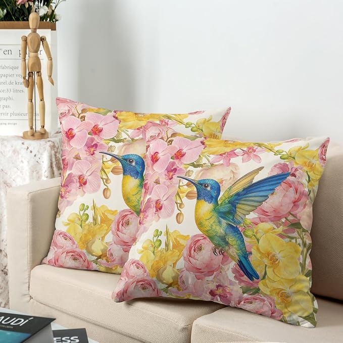 Spring Pillow Covers 16x16 Set of 2 Pink Yellow Moth Orchid Buttercup Floral Pillow Case Hummingbird Throw Pillow Covers for Home Decor Couch Sofa