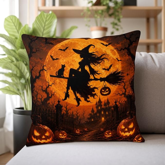 Orange Halloween Pillow Covers 20x20 Set of 2 Spooky Castle Witch Throw Pillow Covers Jack-O-Lantern Pumpkins Decorative Pillowcase for Couch Sofa Indoor Outdoor