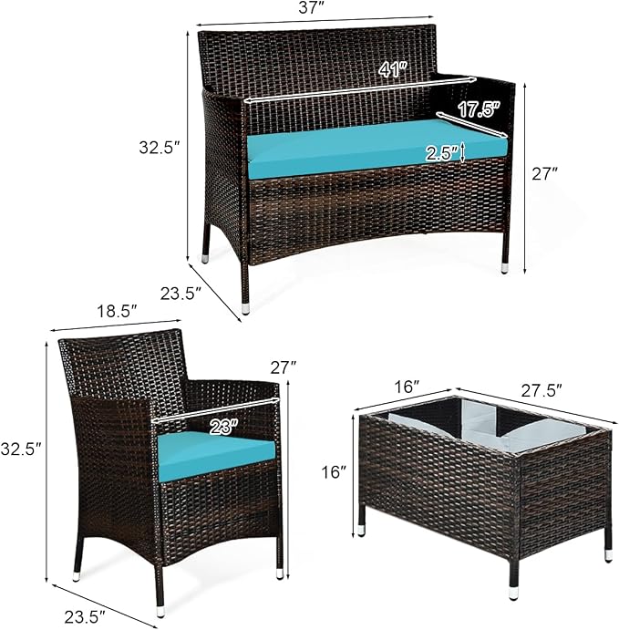 HAPPYGRILL 4-Piece Patio Furniture Set Rattan Wicker Conversation Set with Cushioned Sofa and Coffee Table for Outdoor Backyard Garden Poolside