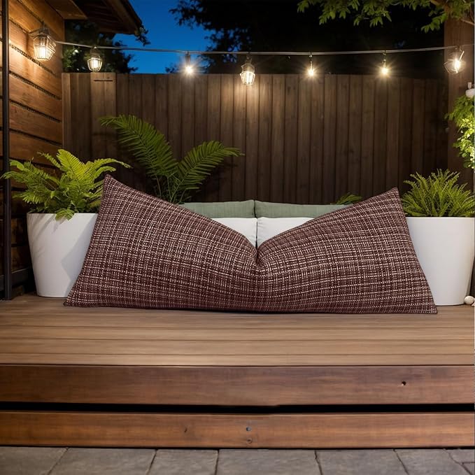 Kevin Textile Outdoor Waterproof 14"x36" Lumbar Pillow Cover 1 Pack Coffee | Water Resistant, Faux Linen Yarn-dyed, Woven Texture Throw Pillow Covers for Tent Patio Garden Couch Sofa