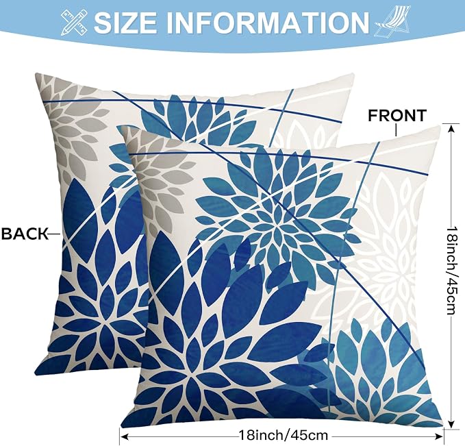 OTOSTAR Outdoor Blue Pillow Covers 18x18 Inch Set of 2 Beige White Flower Throw Pillows Farmhouse Geometric Dahlia Floral Square Cushion Case Waterproof Decor for Sofa Patio Funiture Garden