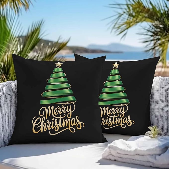 Black Christmas Tree Outdoor Pillow Covers 24 x 24 Inches, Green Xmas Tree with Star Waterproof Throw Pillow Cover Set of 2, Christmas Black Decorative Square Cushion Covers for Patio/Couch