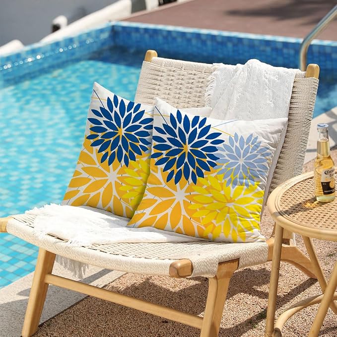 DFXSZ Pack of 2 Outdoor Waterproof Throw Pillow Covers 16x16 Blue Yellow | Polyester Colorful Spring Summer Floral Decorative Cushion Cases(NO INSERT),For Couch Patio Funiture Garden Home Decor