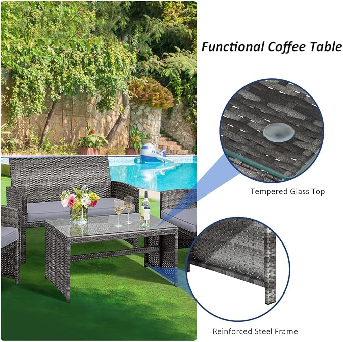 HAPPYGRILL 4 Pieces Rattan Patio Conversation Set with Soft Cushions, Outdoor Furniture Set with PE Wicker Coffee Table & Sofa Chairs for Garden Poolside Porch Backyard