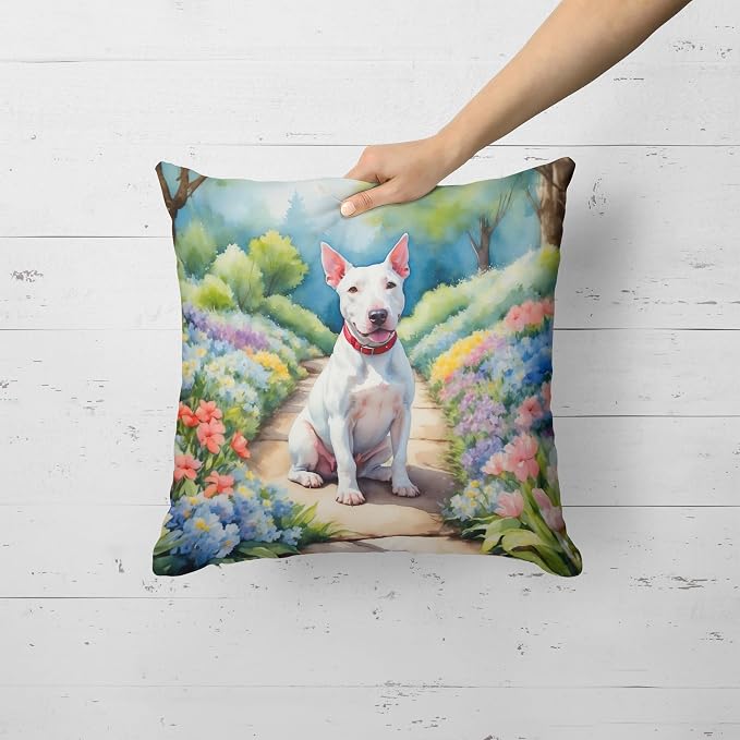 Caroline's Treasures Bull Terrier Spring Path Throw Pillow Machine Washable, Indoor Outdoor Decorative Pillow for Couch, Bed or Patio, 18Hx18W