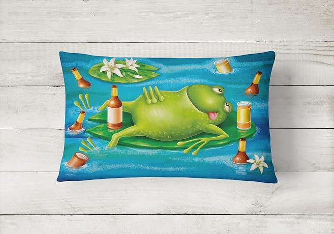 Caroline's Treasures APH0093PW1216 Frog Drinking Beer Canvas Fabric Decorative Pillow Machine Washable, Indoor Outdoor Decorative Pillow for Couch, Bed or Patio, 12HX16W