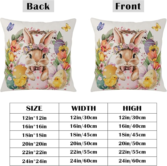 Easter Throw Pillow Covers Spring Floral Wreath Bunny Throw Pillow Covers 16x16 Set of 2 Rabbit with Tulip Flower Pillow Cases Colorful Easter Eggs Cushion Cases for Couch Sofa