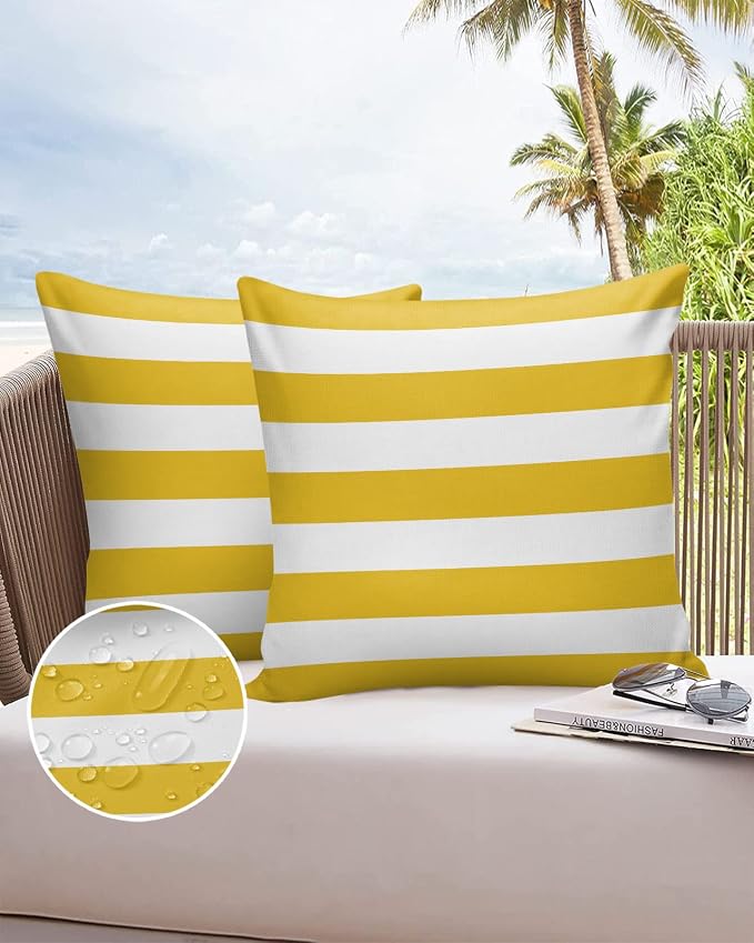 Outdoor Waterproof Throw Pillow Covers Set of 2 Yellow White Stripe Pillowcases 16x16 Inches Simple Style Striped Decorative Pillows Cushion Case Patio Pillows for Couch Bed Chair Garden