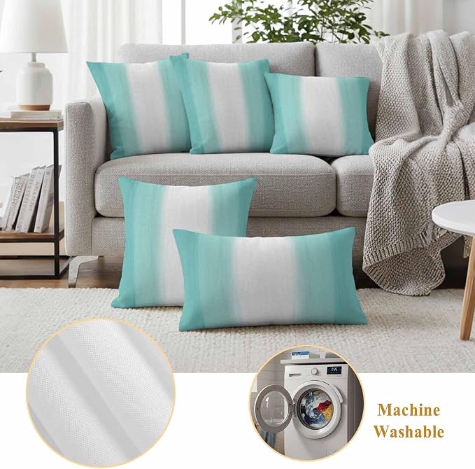 Teal Abstract Stripes Outdoor Pillow Covers 20"x12" Set of 2, Modern Teal White Gradient Waterproof Throw Pillow Covers for Patio Furniture, Decorative Cushion Covers for Porch