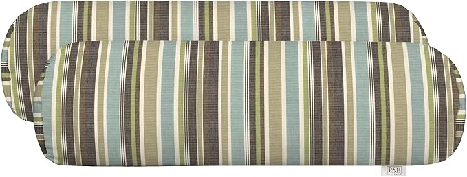 RSH Décor Sunbrella Neck Roll Pillows – Set of 2 | 20” x 6” |Outdoor Decorative Pillow for Patio or Porch | Water & Fade-Resistant Fabric |Brannon Whisper Green/Brown Stripe