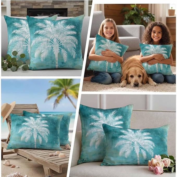 Teal Summer Palm Tree Outdoor Waterproof Pillow Covers, Coastal Beach Tropical Botanical Decorative Square Throw Pillowcase, Vintage Sofa Cushion Sham for Patio/Couch/Chair, 26"x26" 2 Pack