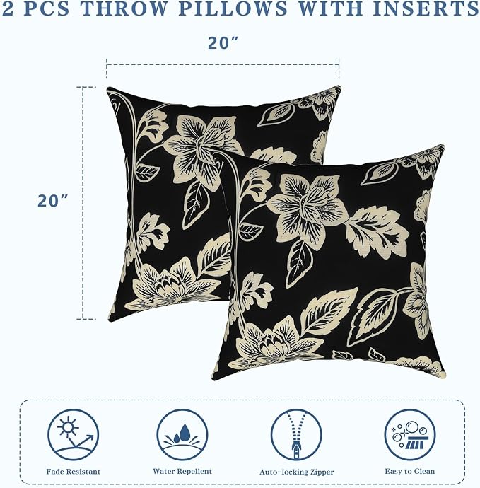 LVTXIII Outdoor Pillows 20x20 Inch, 2 Pack Large Decorative Square Throw Pillows with Inserts for Couch, Bed, Floor Seating, Patio Furniture, Elegant Vines Black