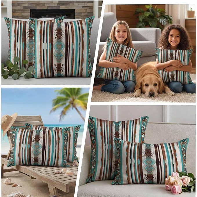 Ethnic Tribal Diamond Outdoor Pillow Covers 20"x20" Set of 2, Boho Abstract Teal Brown Stripes Diamond Waterproof Throw Pillow Covers for Patio Furniture, Decorative Cushion Covers for Porch