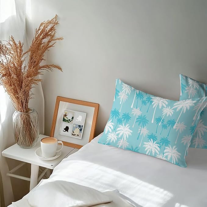 Lumbar Pillow Covers 20x12 Inch Set of 2, Tropical Palm Tree Waterproof Outdoor Pillow Covers, Blue Cyan Plants Coastal Leaf Beach Decorative Cushion Pillowcases for Couch, Sofa, Bed, Garden, Patio