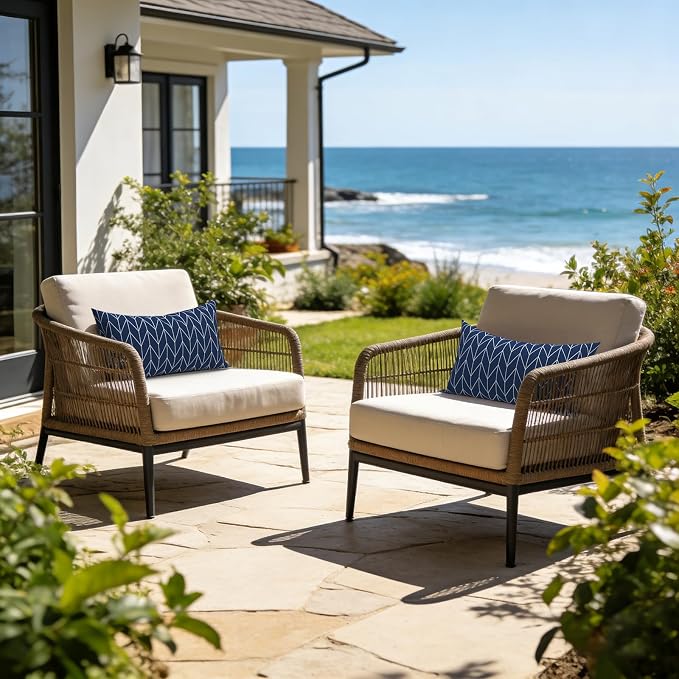 LVTXIII Set of 2 Patio Lumbar Pillows, 12”x20” Fade Resistant Outdoor Lumbar Pillow with Inners, Fluffy Decorative Garden Lumbar Cushions for Home Patio Coach Sofa Use, Herringbone Navy