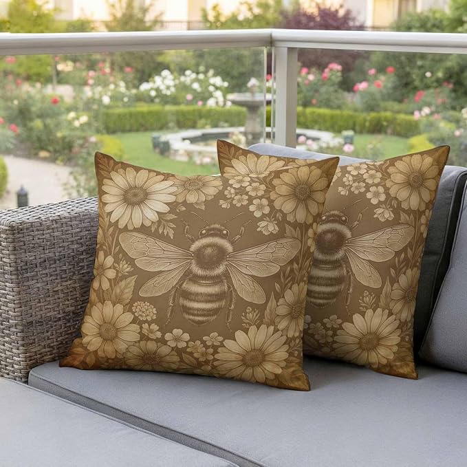Outdoor Pillow Covers Waterproof, Brown Bee Decorative Square Throw Pillowcases Patio Cushion Covers for Tent/Garden, 16" x 16" 2 Pack, Farmhouse Vintage Animals Botanical Flowers