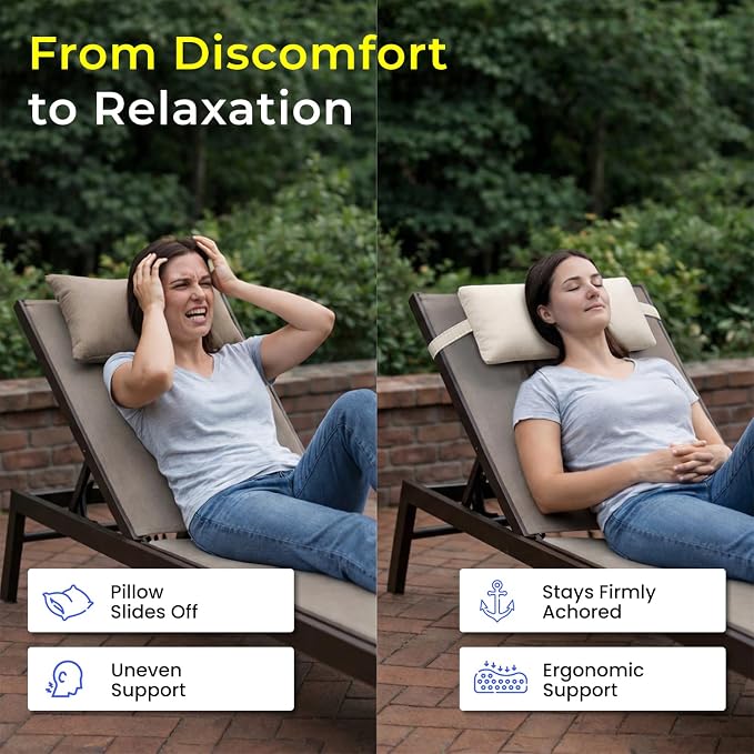 Sunbrella Headrest/Lumbar Pillow with Velcro Strap for Chaise Lounge, White | Outdoor Pillow for Chaise Loungers, Pool Chairs & Patio Furniture, 18" x 8" x 3"