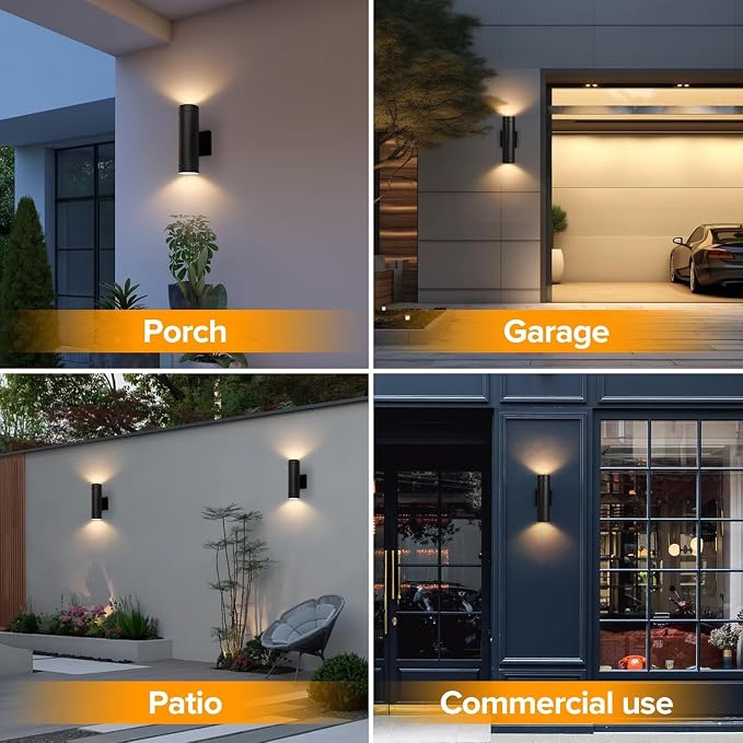LUTEC Dusk to Dawn Outdoor Wall Lights, 16W Integrated LED Cylinder Up-Down Sconce, 3000K Waterproof Aluminum Exterior Lighting, Matte Black Modern Porch and Entryway Wall Light Fixture, 2 Pack