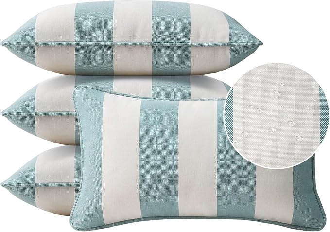 Unimatta Decorative Outdoor Water Repellent Throw Pillows with Inserts, Set of 4, 20" x12" Pillows for Patio, Backyard, Bed, Couch, and Patio Furniture, Turquoise Stripe