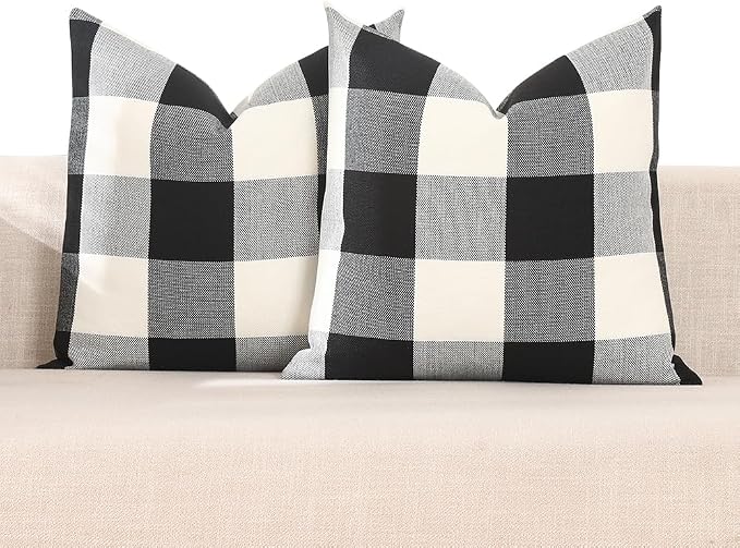 CARRIE HOME Black and White Buffalo Plaid Pillow Covers 20x20 Set of 2 Outdoor Linen Throw Pillow Covers Farmhouse Checkered Pillow Covers 20 x 20, Black Boho Decor for Couch Sofa