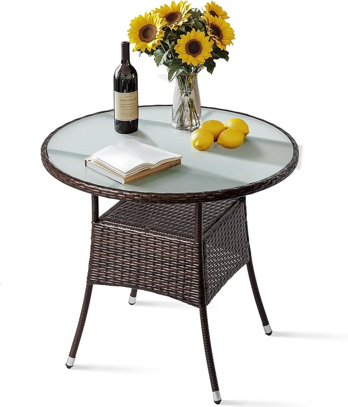 VINGLI 32" Outdoor Dining Table, Wicker Round Patio Table Tempered Glass Patio Dining Table Outdoor Table for Balcony Garden Deck and Porch, Brown