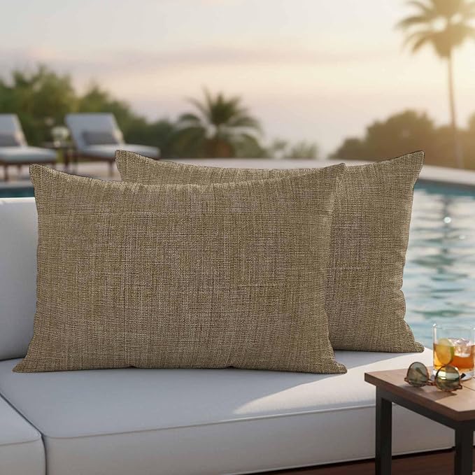 Outdoor Waterproof Throw Pillow Covers Set of 2 Brown Linen Lumbar Pillowcases 20x12 Inches Farmhouse Pure Color Decorative Pillows Cushion Case Patio Pillows for Couch Bed Chair Garden