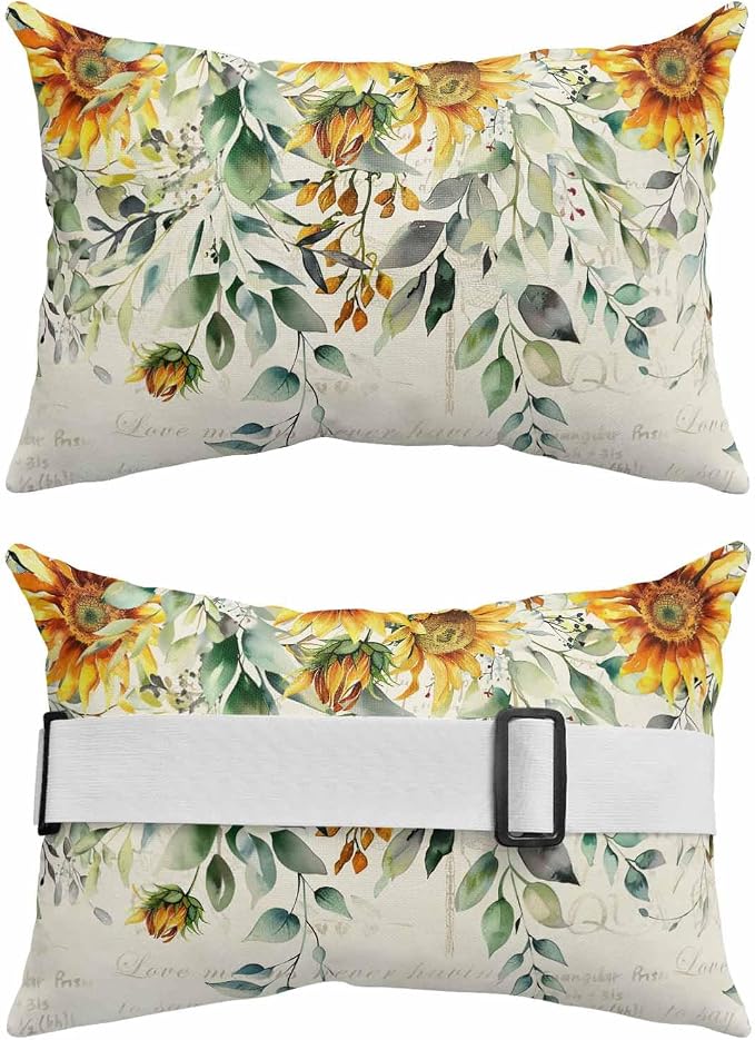 Lumbar Pillow Covers Set of 4, Sunflowers Waterproof Outdoor Chaise Lounge Pillow Covers with Elastic Strap, Spring Floral Eucalyptus Leaves Summer Botanical Headrest Pillowcase for Patio, 12 x 20