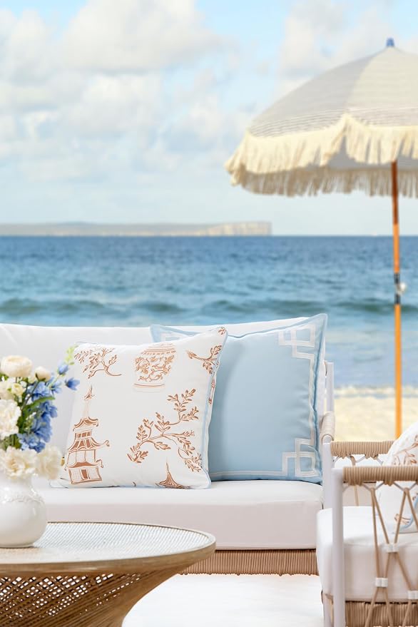 Hofdeco Premium Coastal Patio Indoor Outdoor Throw Pillow Cover Only, 20"x20" Water Repellent for Backyard, Couch, Baby Blue Tan Chinoiserie with Piping