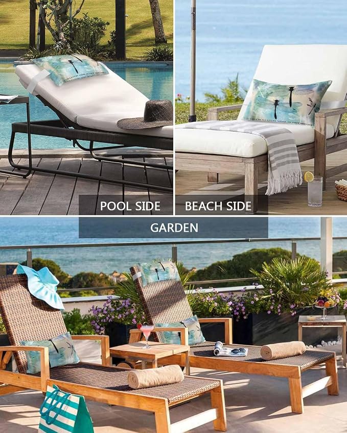 Pack of 2 Outdoor Lumbar Pillow Covers 12x20 Inch, Turquoise Ombre Dragonfly Waterproof Throw Pillow Covers Set, Abstract Modern Art Gradient Indoor&Outdoor Cushion Cases for Patio Porch Beach