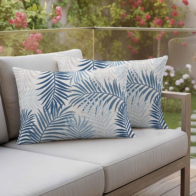 Outdoor Waterproof Throw Pillow Covers, Blue Grey Palm Leaves Decorative Pillow Cases, Summer Botanical Tropical Leaf Couch Pillow Protector Patio Sofa Cushion Covers Replacement 20"x12" 2 Pack