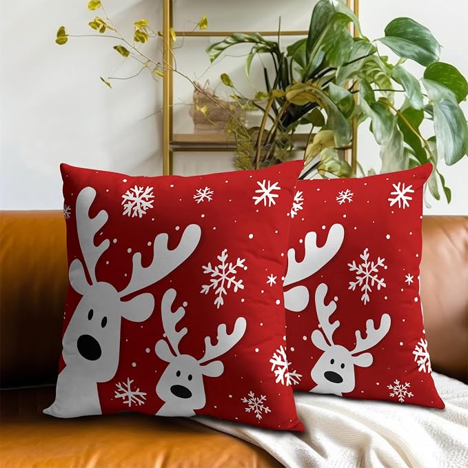 Christmas Reindeer Throw Pillow Covers 18x18 Inch Set of 2, Funny Deers Xmas Red Decorative Pillowcases Soft Square Cushion Cover for Couch Sofa Porch Winter Holiday Home Decor