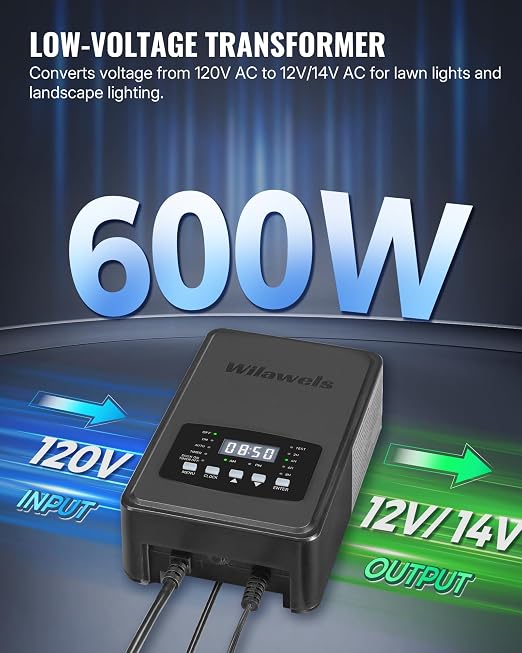 600W Low Voltage Landscape Transformer, Weatherproof Outdoor Low Voltage Transformer, 120V AC to 12/14V AC, Landscape Lighting Transformer with Timer and Photocell Sensor, ETL Listed D15LT06