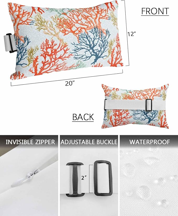 Ocean Outdoor Pillows for Chair Head Resting Retro Coral Blue Green Orange Nautical Coastal Waterproof Lumbar Pillows with Insert & Adjustable Elastic Strap for Patio Recliner Beach Chair
