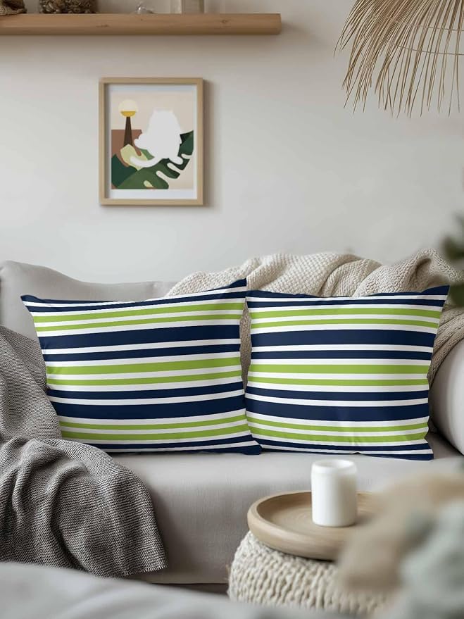 Outdoor Waterproof Throw Pillows Navy Blue Green Stripe Patio Pillows Pack of 2,Decorative Pillow Covers with Insert,Pillow Cushion Case for Garden Couch Sofa White Line