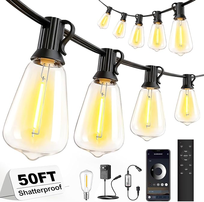 50ft-LED-Lights-Outdoor-Waterproof-String Lights-Patio-Outside-Porch-Backyard-Garden-Gazebo-Yard-Deck-Balcony-Party-Camping-House-Hanging-Lighting-Bulb-Remote-Bluetooth-Hanging-Edison-ST38