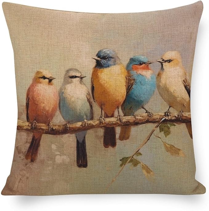 Linen Cushion Case Oil Painting Birds with Branch Cushion Pillow Cover Colorful Birds are Sitting on A Branch Couch Throw Pillows for Farmhouse Decor Room Bedroom Sofa Chair Car 18"x18"