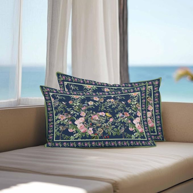 Vandarllin Outdoor Throw Pillows Covers 20x12 inch Set of 2 Waterproof Pink Floral Bird Decorative Zippered Cushion Covers for Patio Furniture, Green Leaves Branches Navy Blue Lumbar Pillowcases