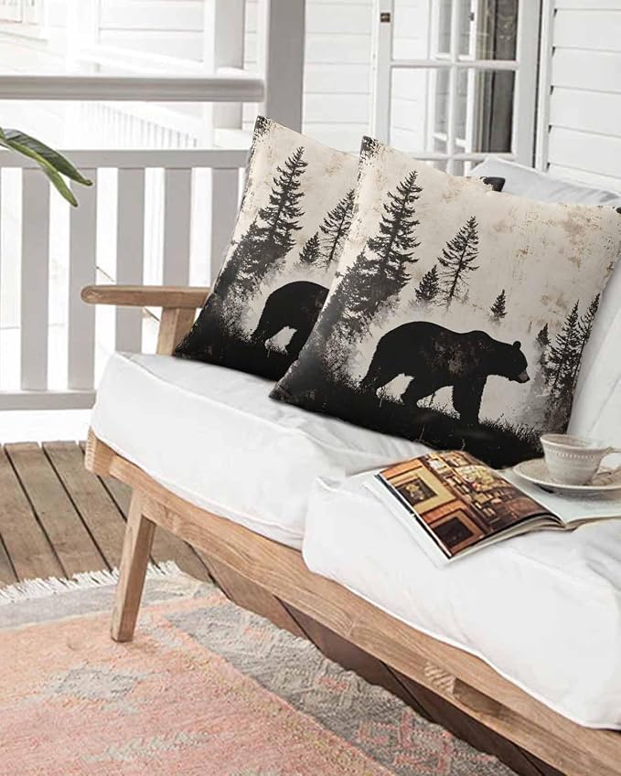 Outdoor Waterproof Throw Pillows Forest Brown Bear Silhouette Patio Pillows,Decorative Pillow Covers with Insert,Pillow Cushion Case for Garden Couch Sofa Minimalist Modern Art