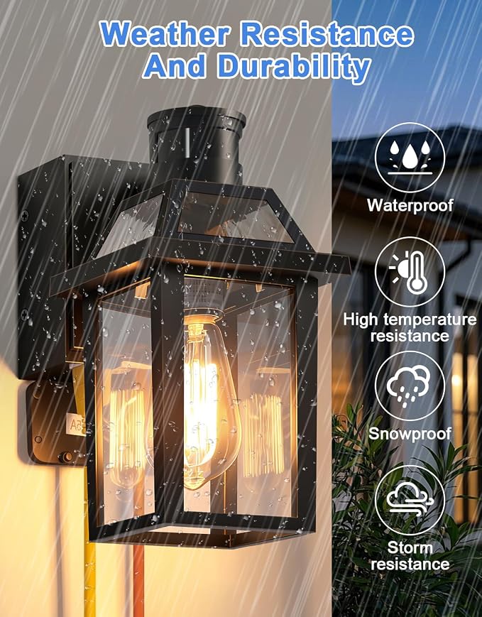 Porch Light with GFCI Outlet and Remote, Motion Sensor, Black, 1 Pack | Dusk to Dawn Motion Sensor Outdoor Light 4 Lighting Modes Exterior Fixture Outside Lights for Porch Garage House
