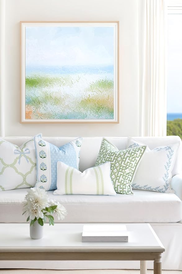 Hofdeco Premium Grandmillennial Coastal Hampton Patio Indoor Outdoor Throw Pillow Cover Only, 20"x20" Water Repellent for Backyard, Couch, Poolside, Blue Green Print Block Striped Lily of the Valley