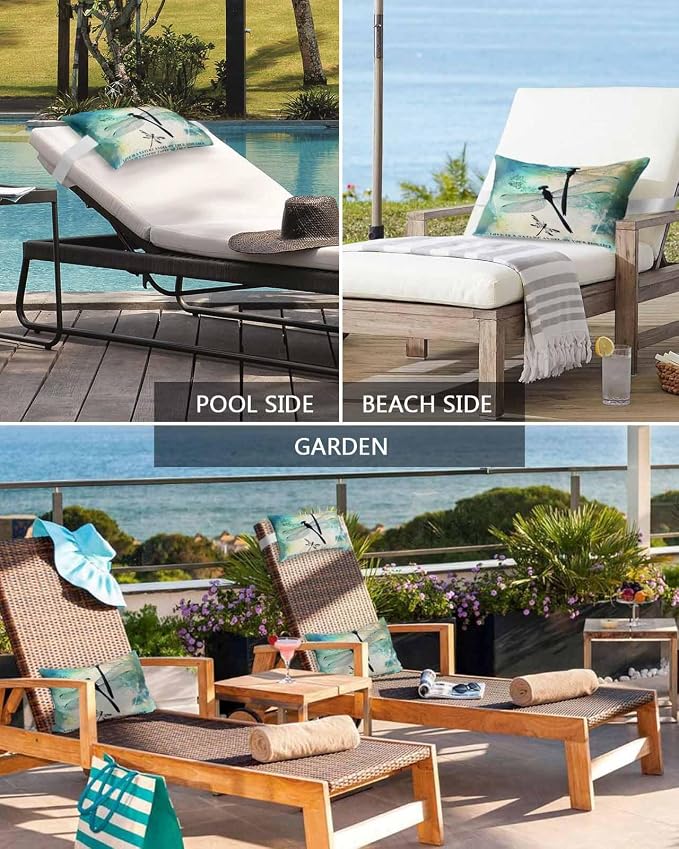 Pack of 2 Outdoor Lumbar Pillow Covers 12x20 Inch, Watercolor Dragonfly Waterproof Throw Pillow Covers Set, Turquoise Blue Ombre Animals Indoor&Outdoor Decorative Cushion Cases for Patio Porch Beach